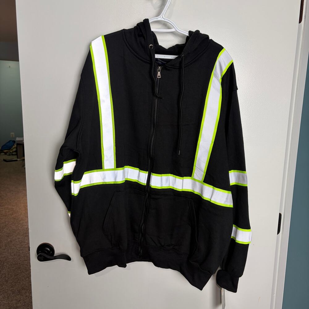 Hi Vis Reflective Work Hoodie XXL Full Zip Safety Sweatshirt Black NWT